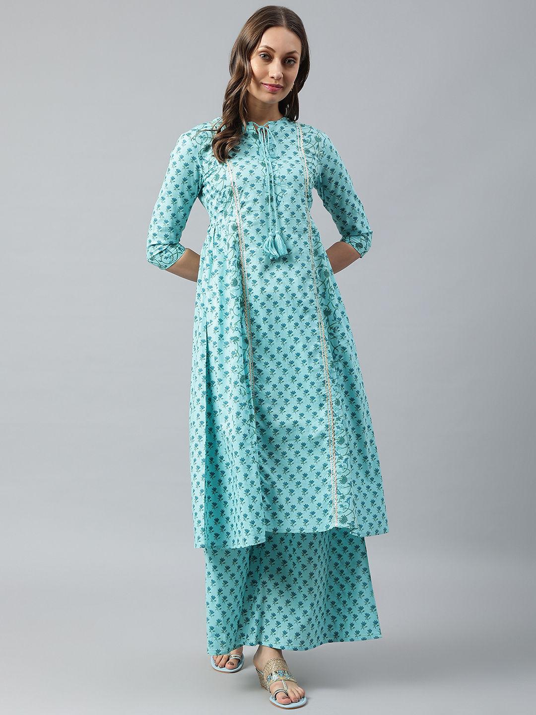 teal a-line kurta and palazzos (set of 2)