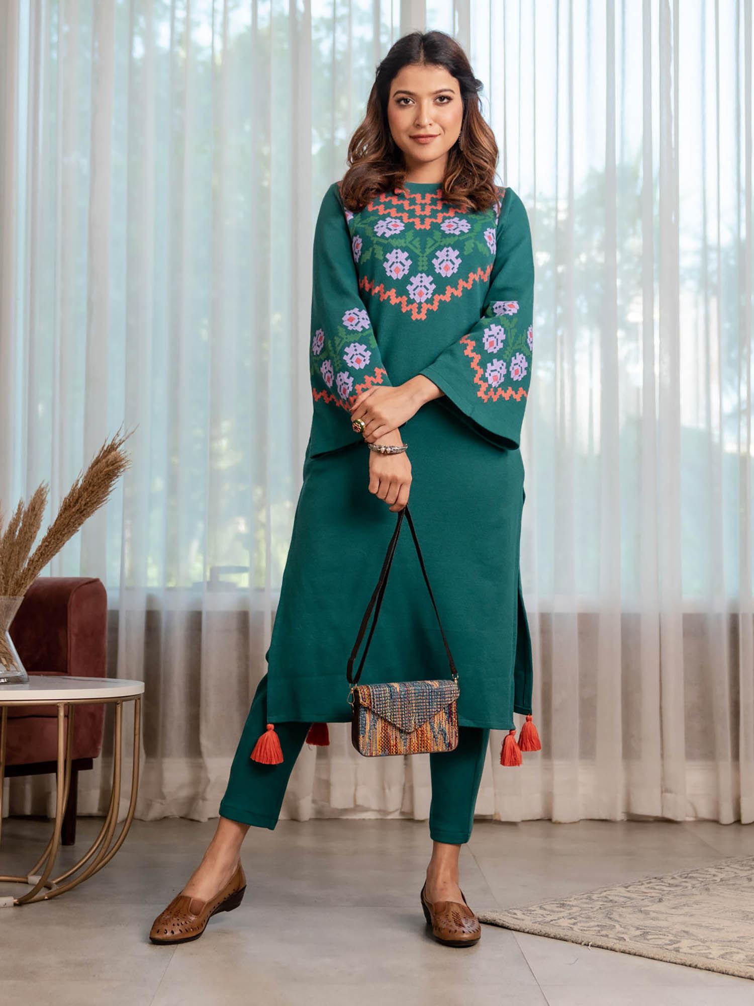 teal acrylic floral kurta with flared sleeves