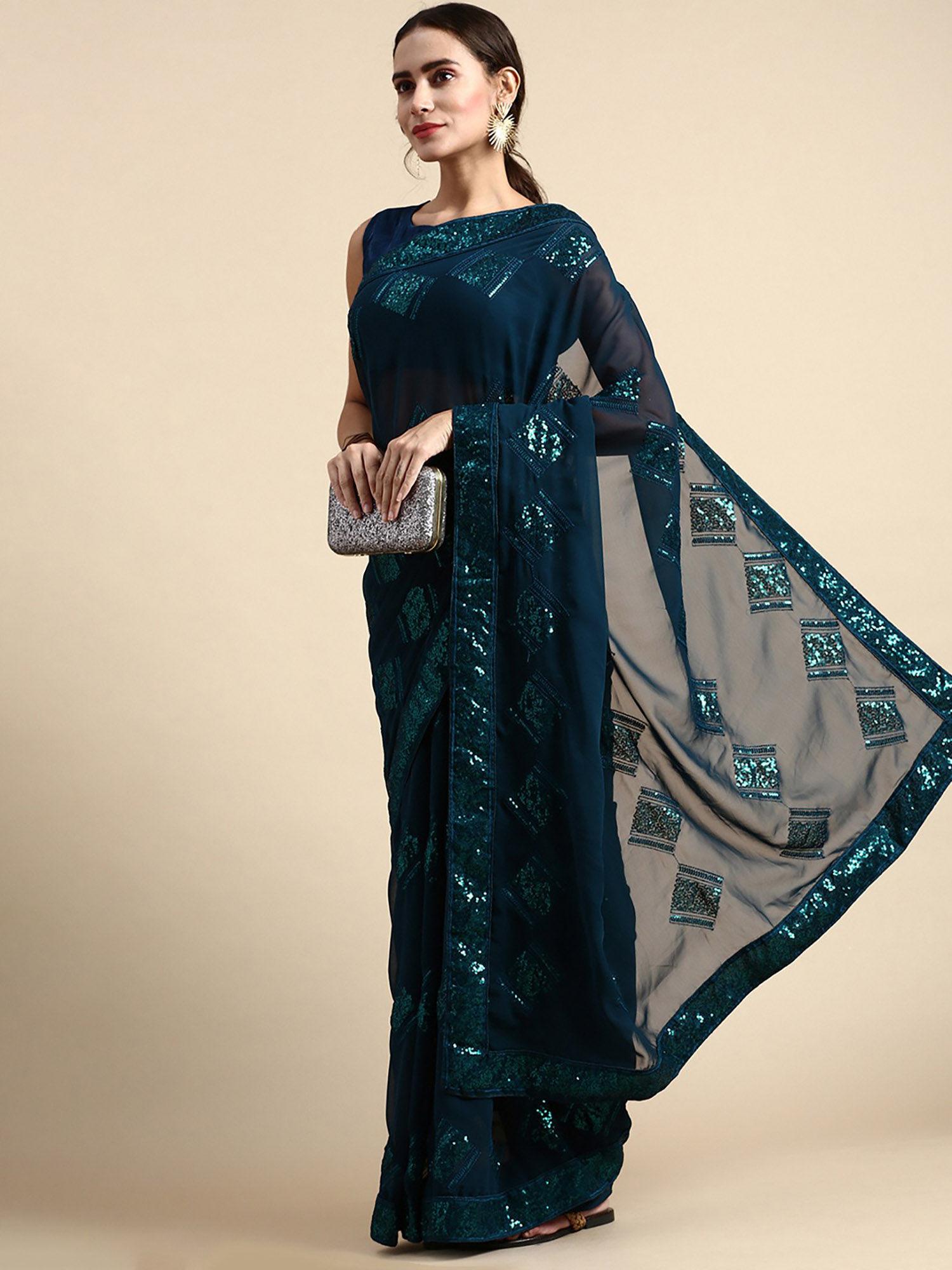 teal all over trapezoid sequins work georgette saree with unstitched blouse