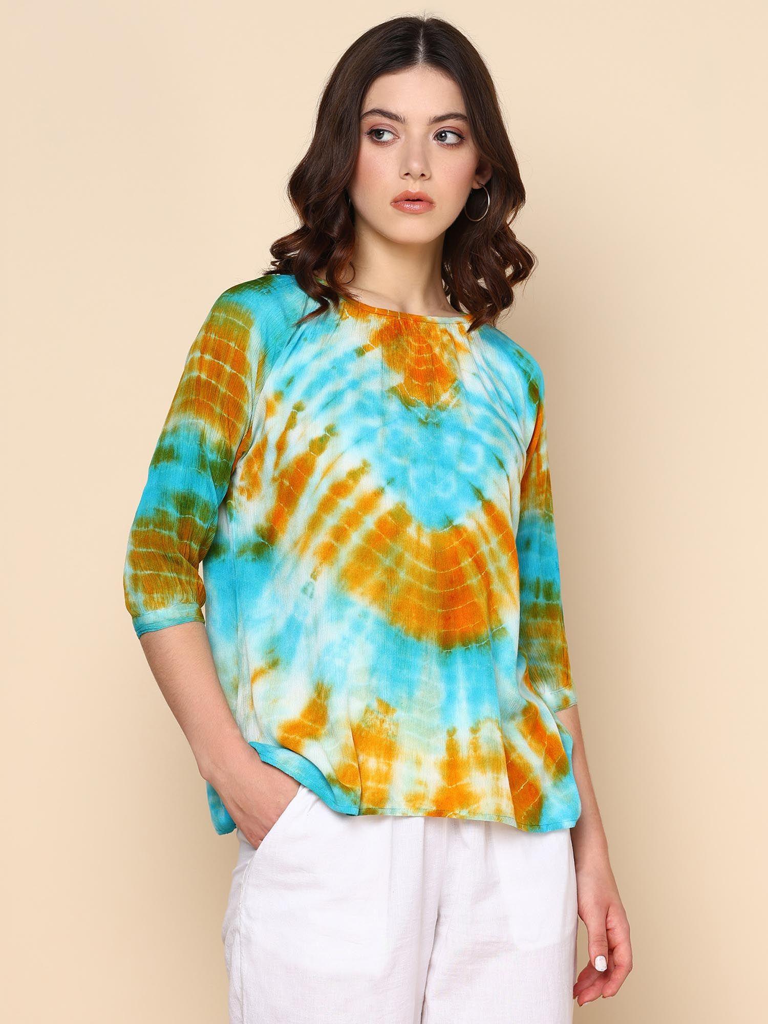 teal and mustard circular tie dye rayon crepe top