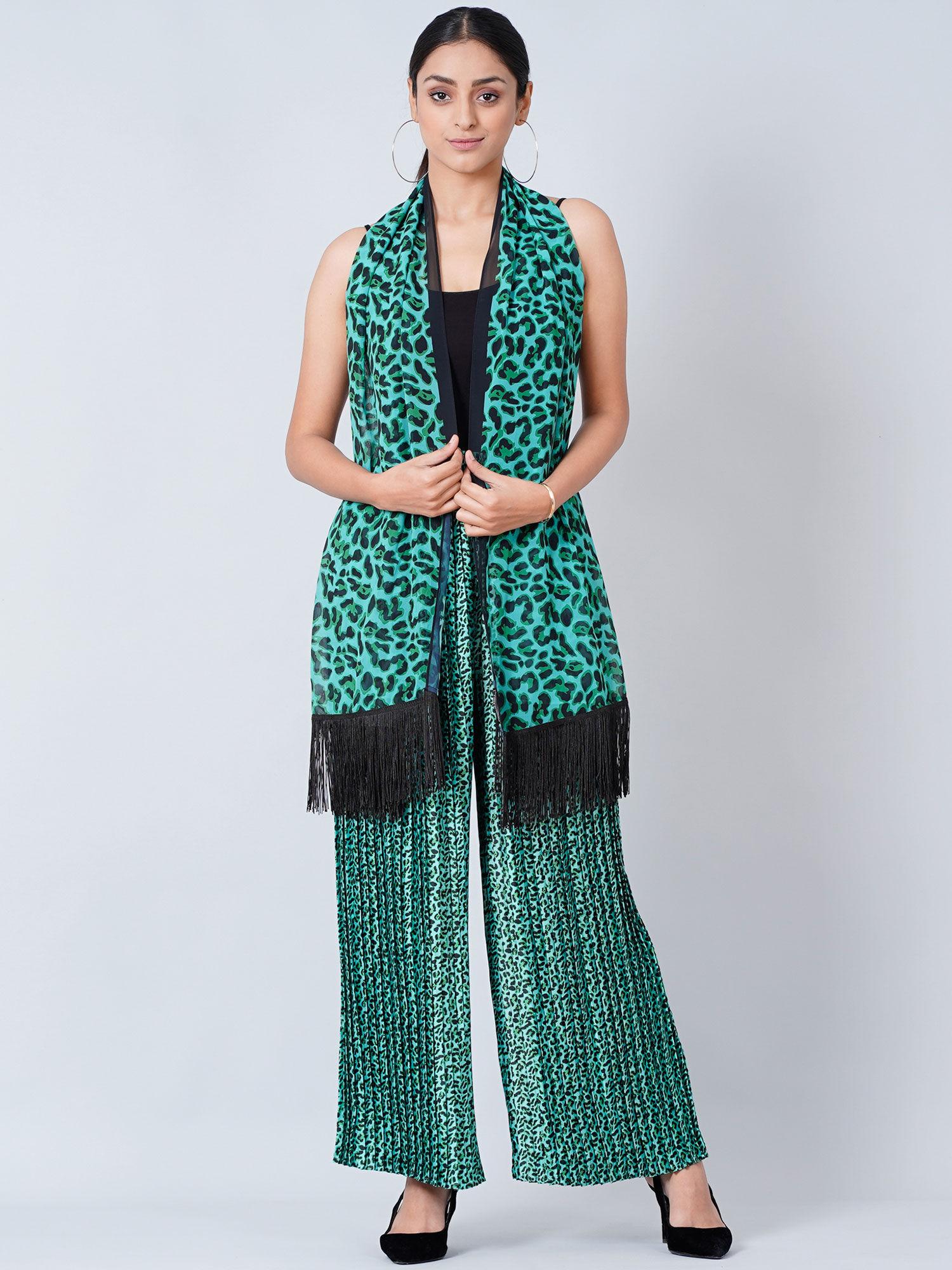 teal animal print pleated palazzo and stole (set of 2)