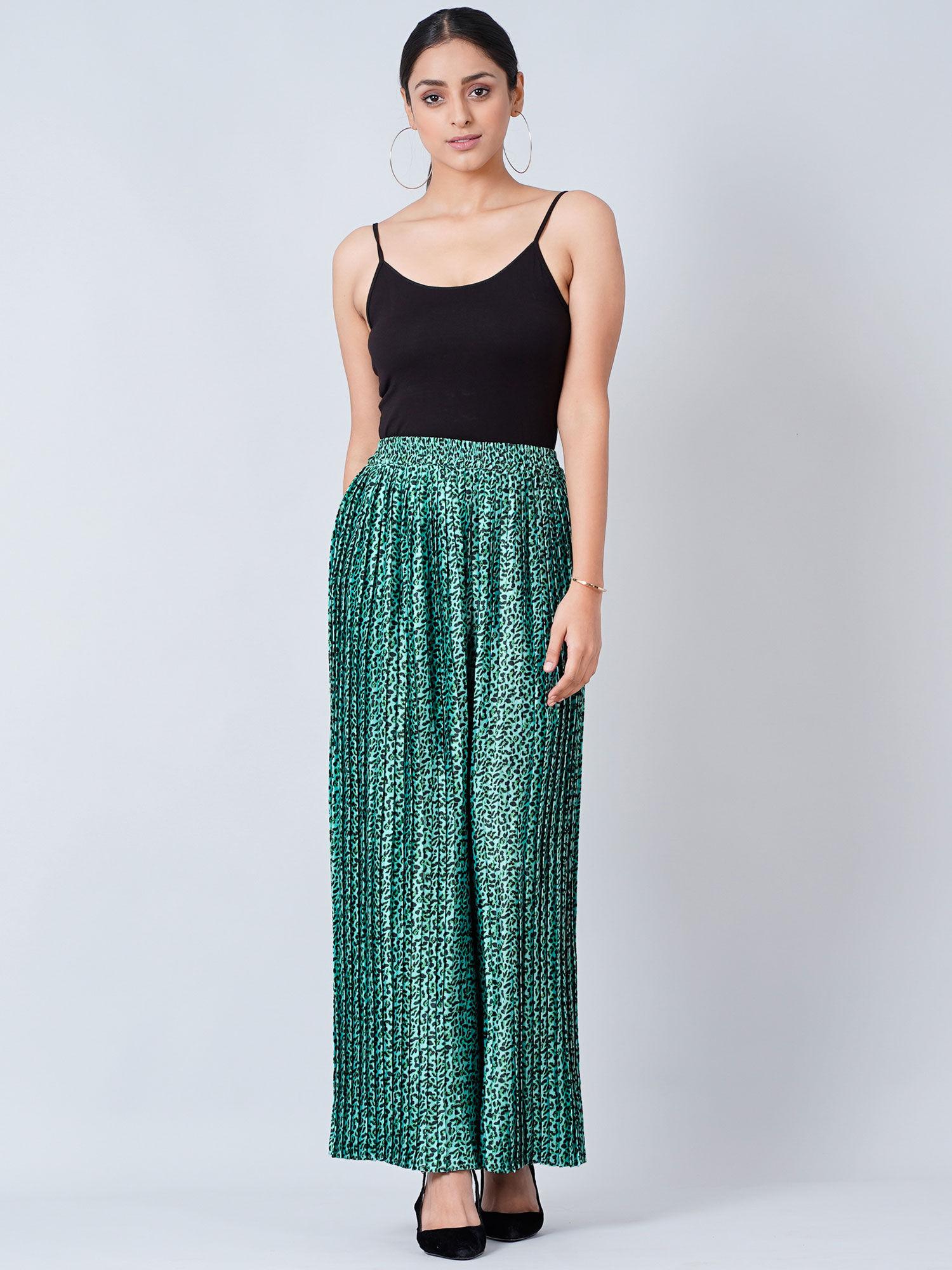 teal animal print pleated palazzo