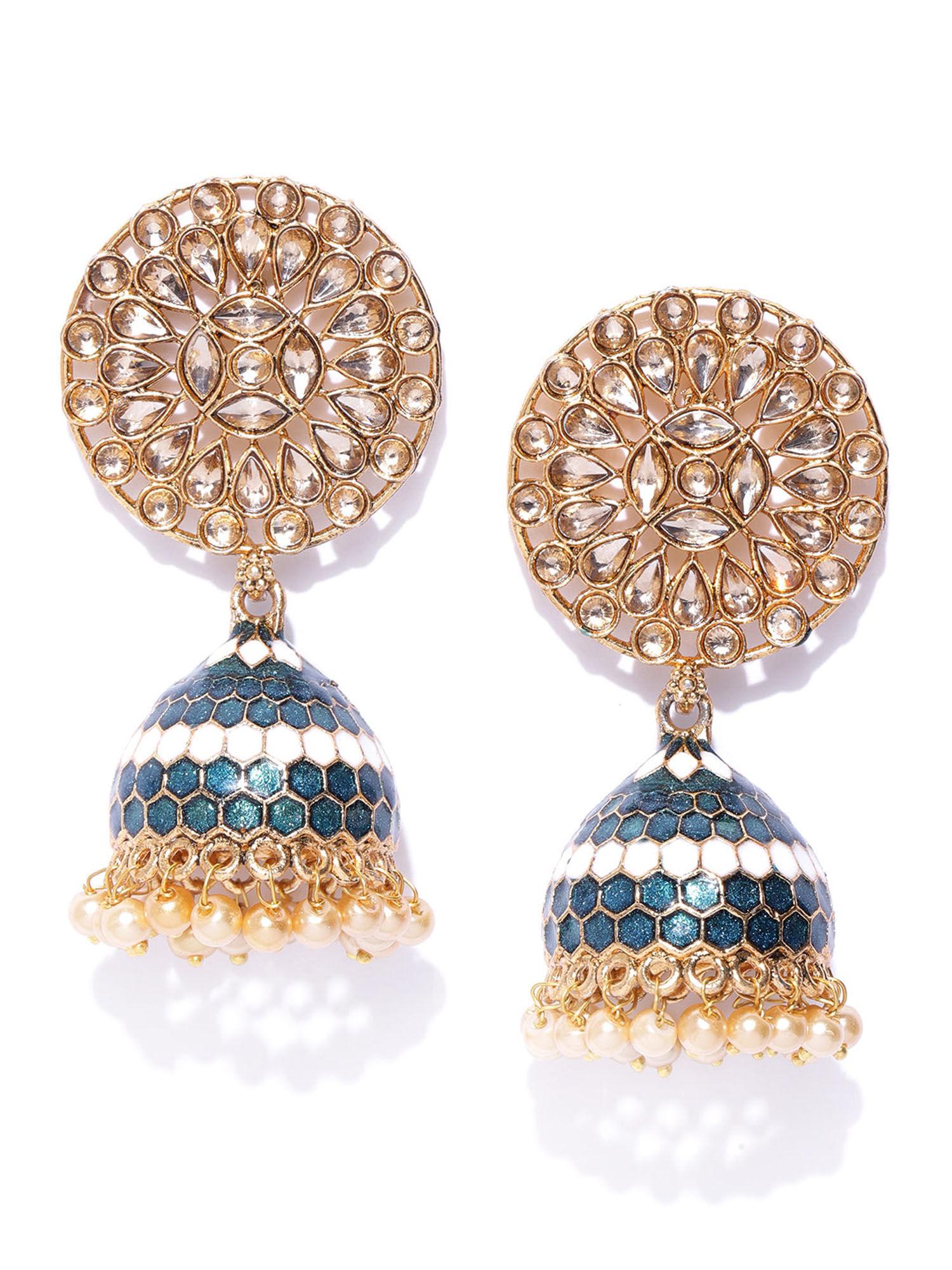 teal antique gold plated stone studded dome shaped jhumkas