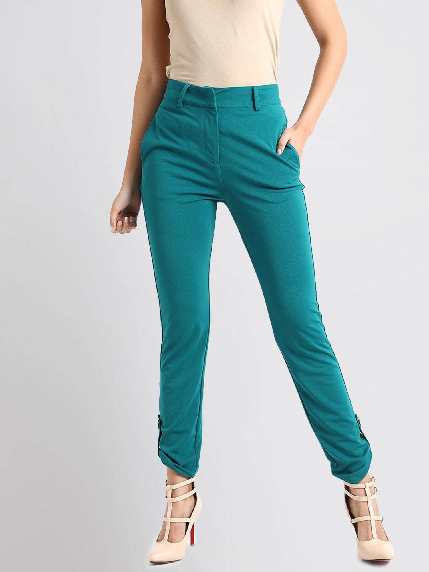 teal basic fitted trouser with hem detail