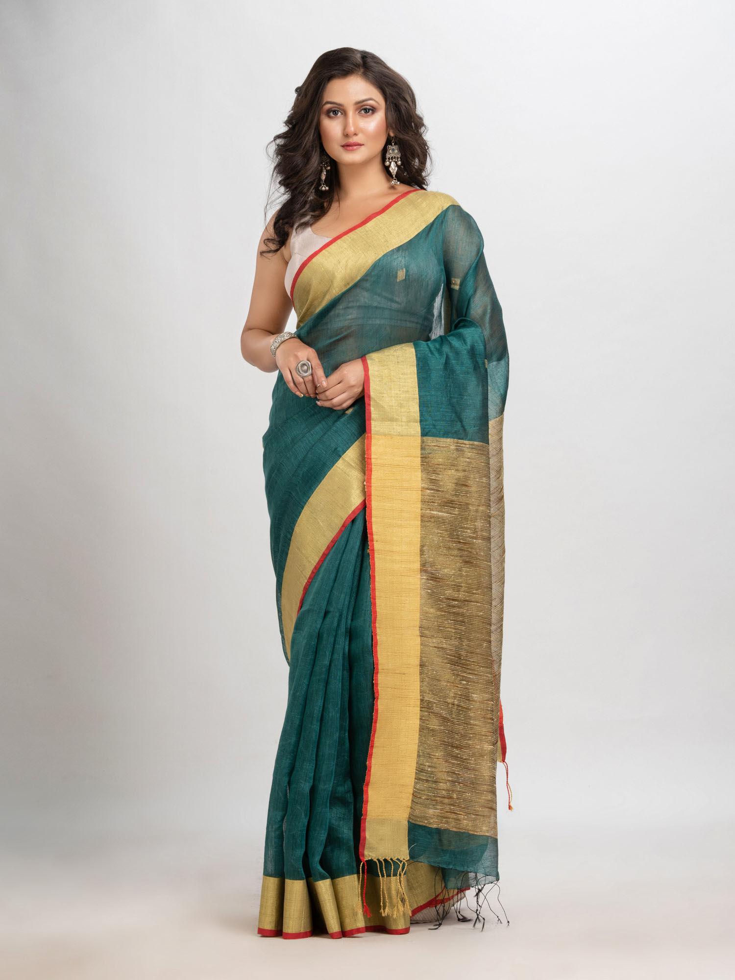 teal blended fabric printed woven saree with unstitched blouse