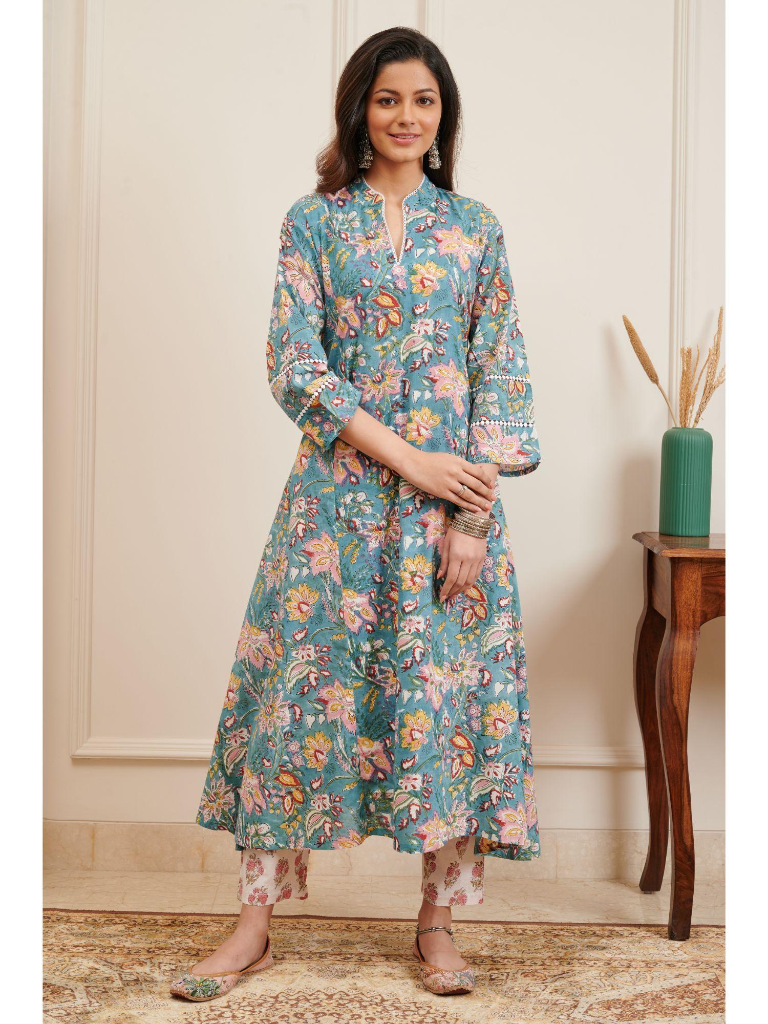 teal blue & pink hand block printed a line kurta