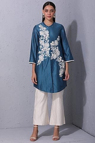 teal blue 3d floral embroidered kurta set