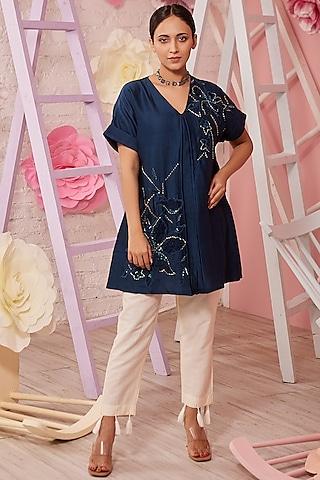 teal blue a-line tunic set with embroidery