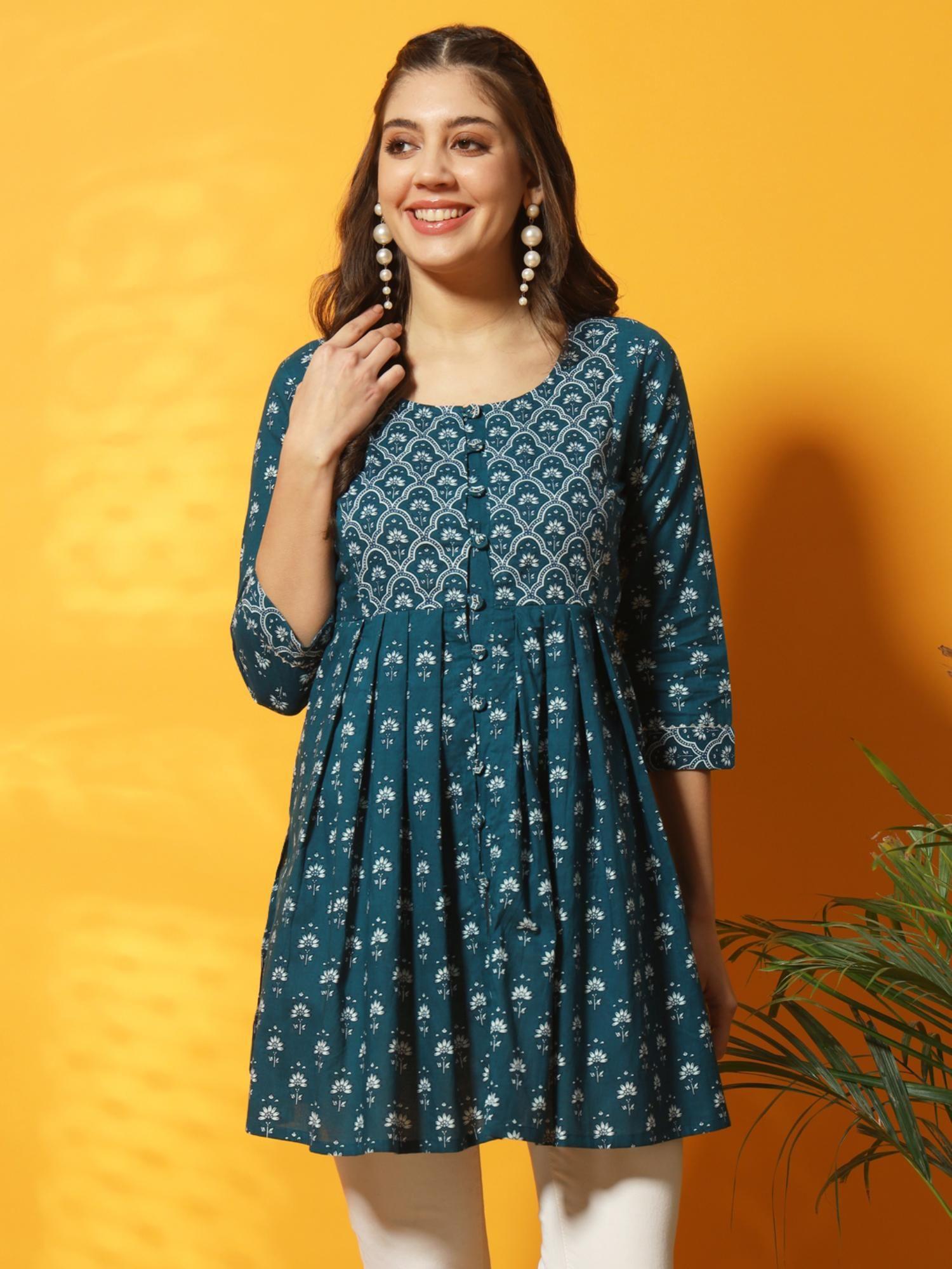 teal blue and white bagru printed tunic