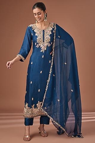 teal blue bemberg silk gota patti & sequins embroidered straight kurta set
