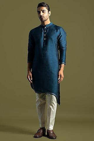 teal blue bemberg silk kurta set