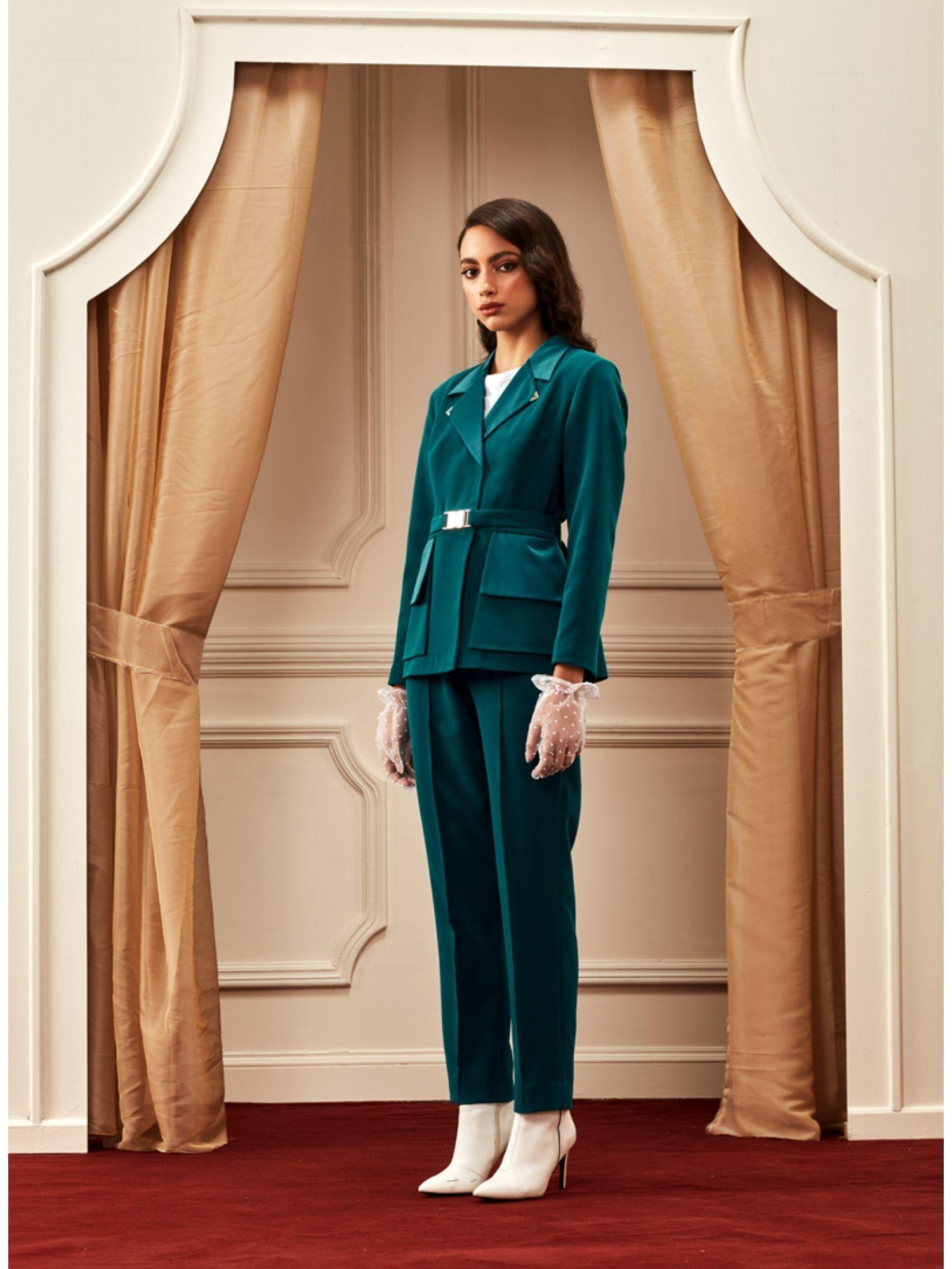 teal blue blazer with belt (set of 3)