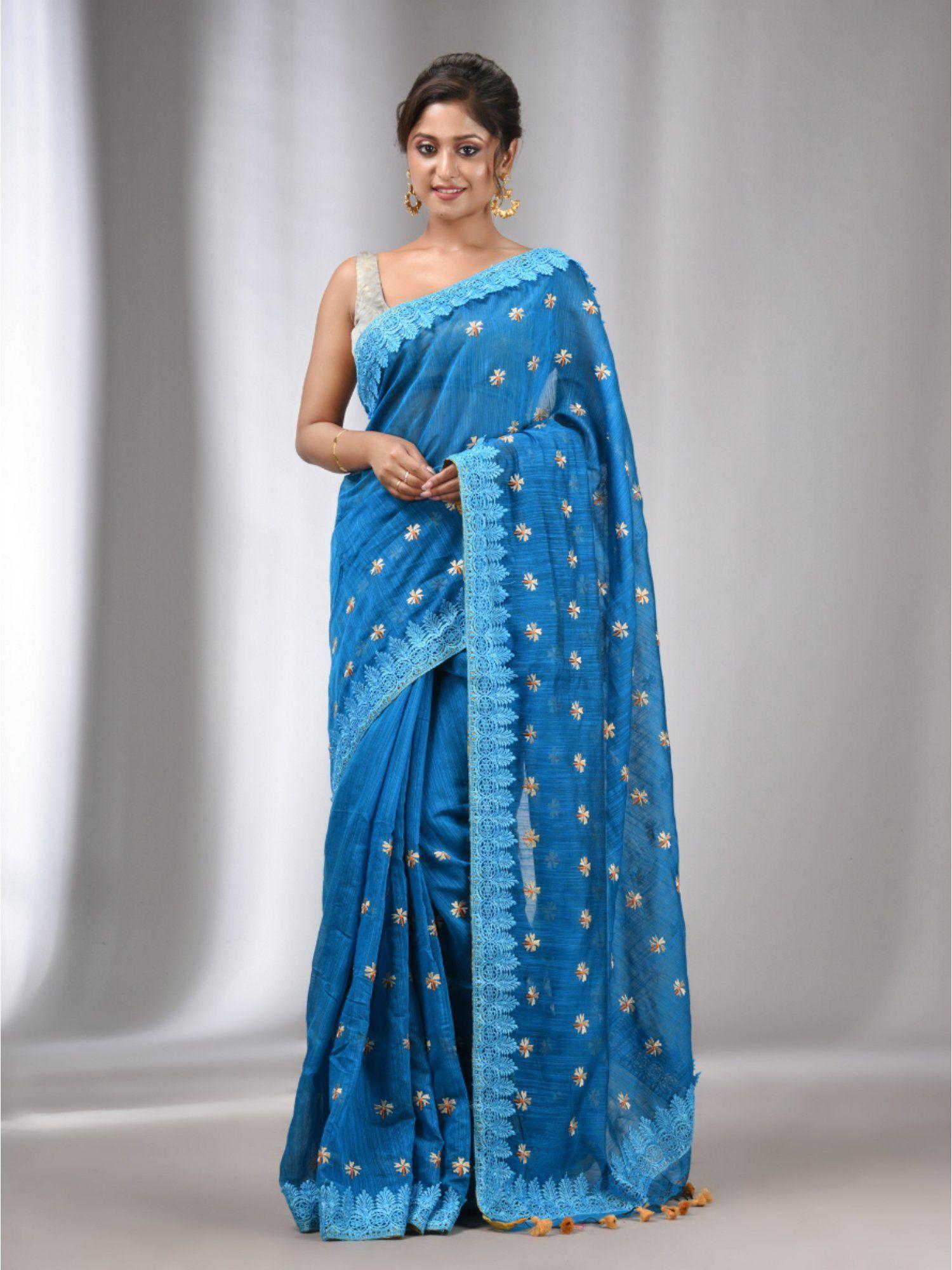 teal blue blended cotton handwoven saree with flower motifs with unstitched blouse