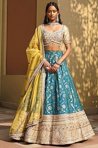 teal blue brocade embroidered lehenga set