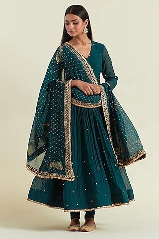 teal blue chanderi hand embroidered anarkali set