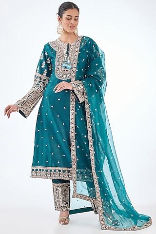 teal blue chanderi hand embroidered kurta set
