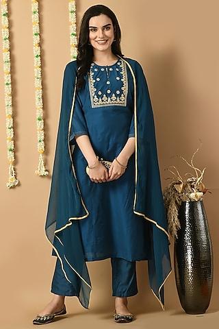 teal blue chanderi machine & hand embroidered kurta set