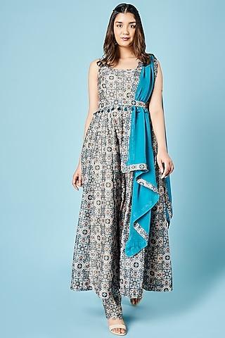 teal blue chanderi silk printed anarkali set