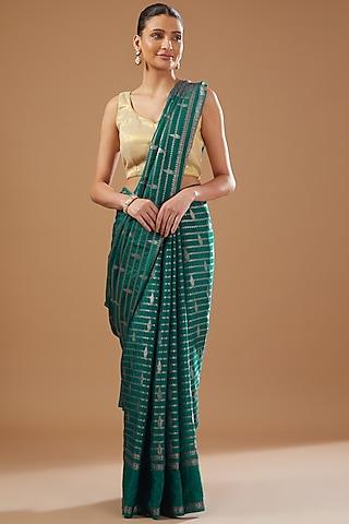 teal blue chiffon banarasi handloom saree set