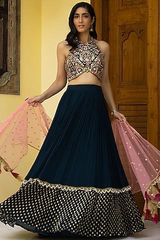 teal blue chinon flared lehenga set