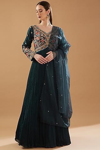 teal blue chinon georgette embroidered anarkali set