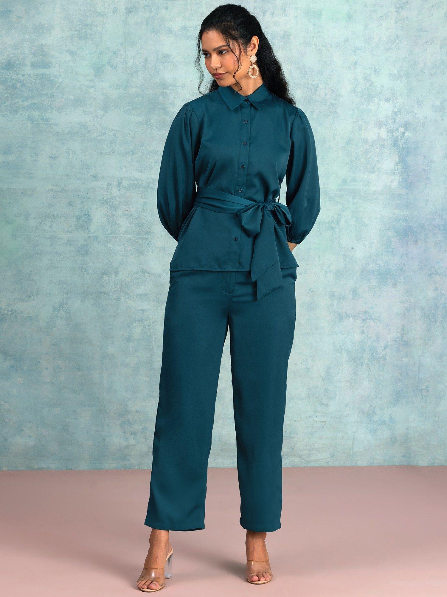 teal blue collared shirt with pants & belt co-ord (set of 3)