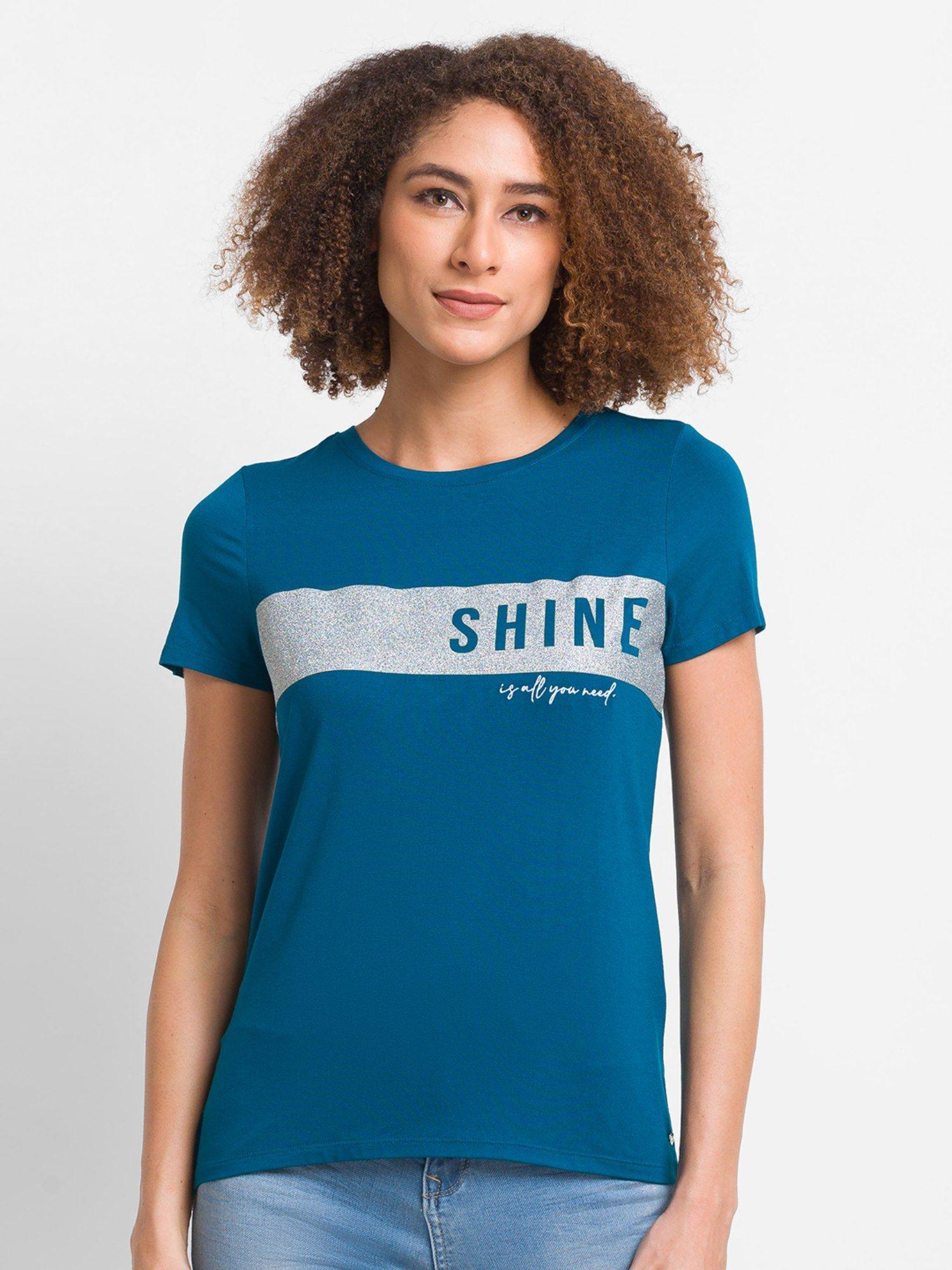 teal blue cotton blend half sleeve printed casual t-shirt for women