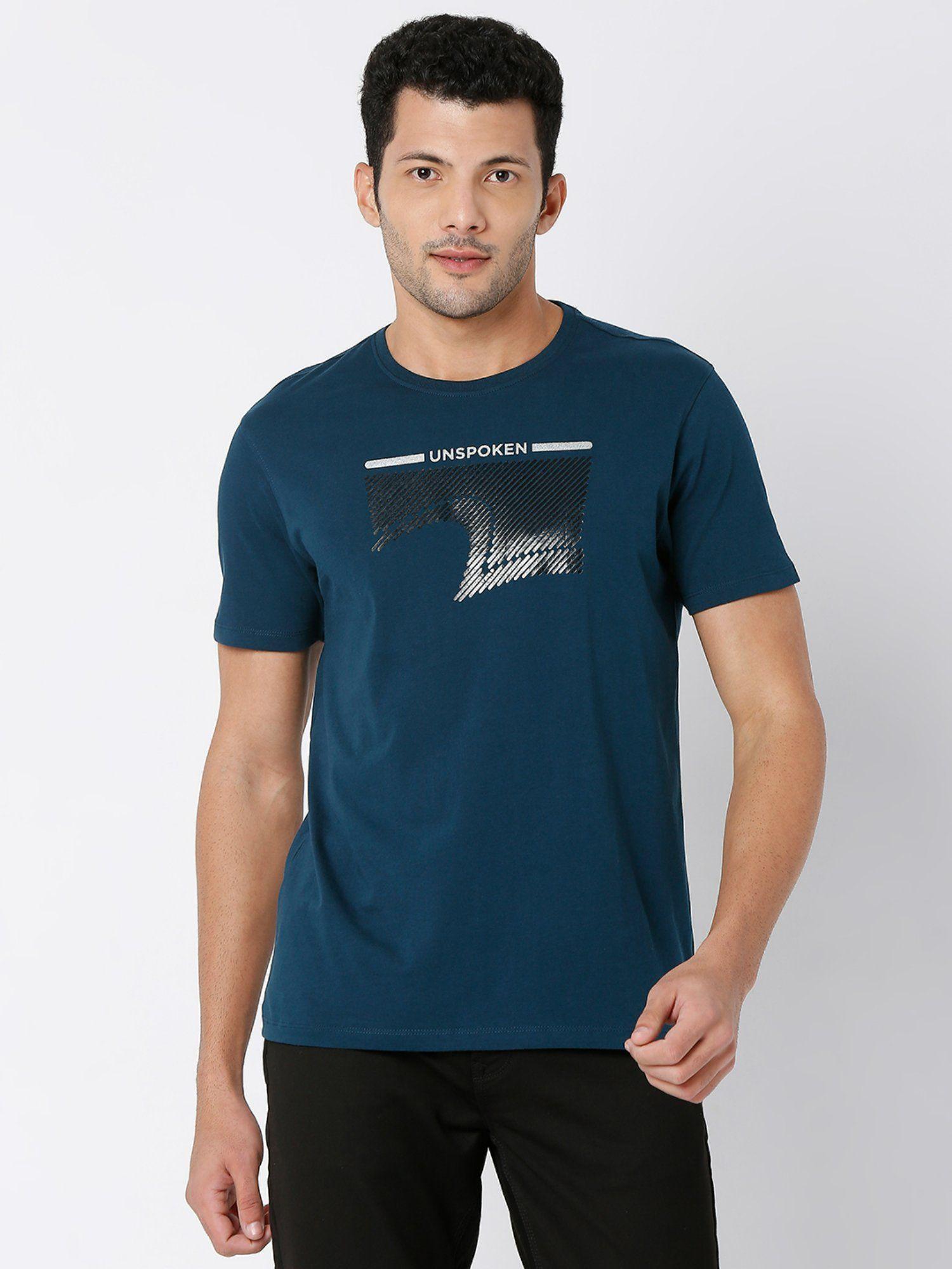 teal blue cotton half sleeve printed casual t-shirt for men