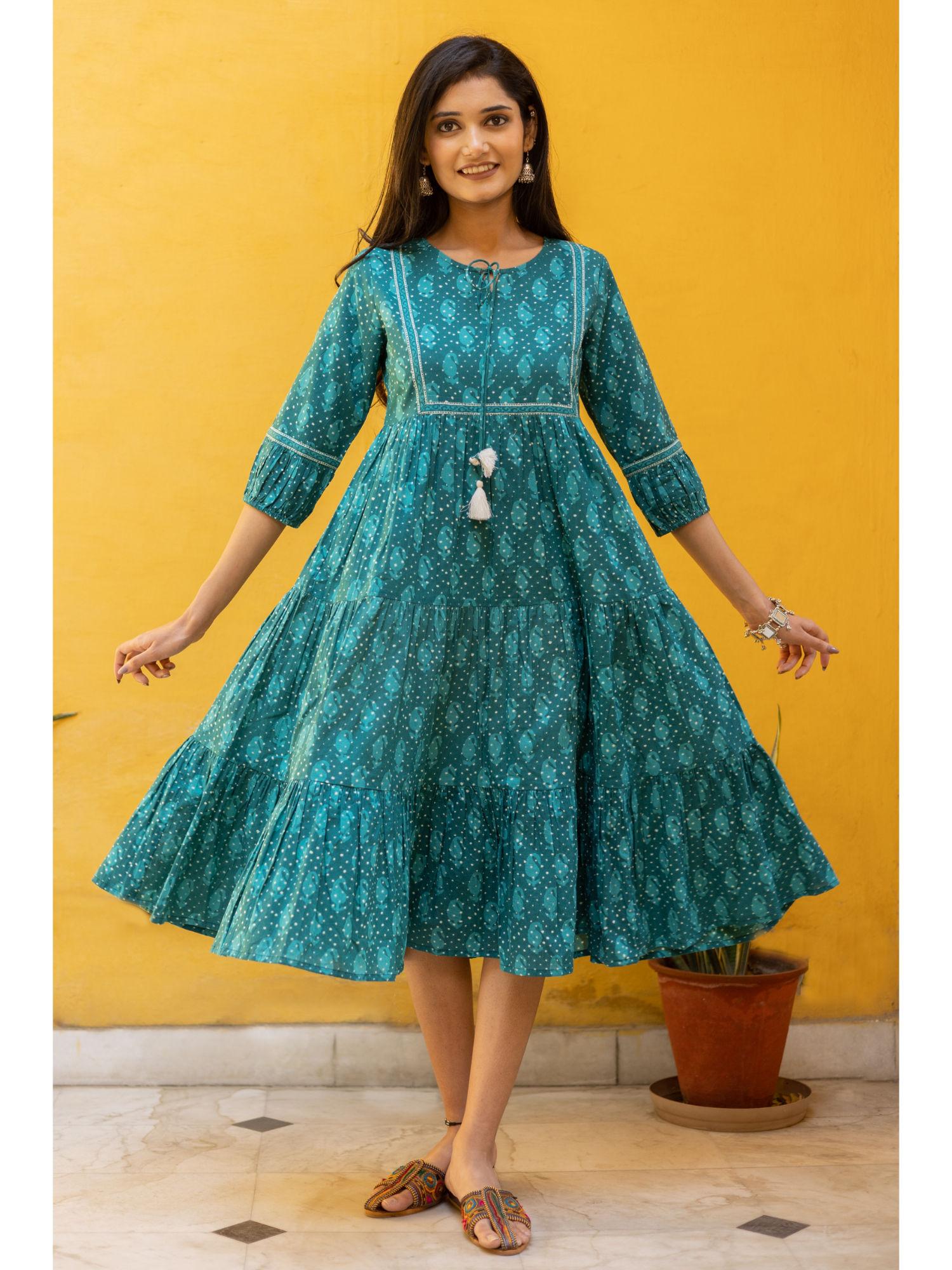 teal blue cotton printed tiered dress