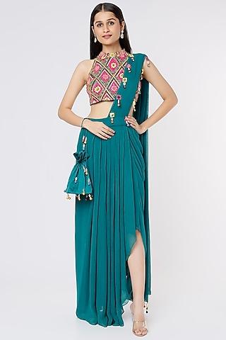 teal blue cotton silk dhoti saree set