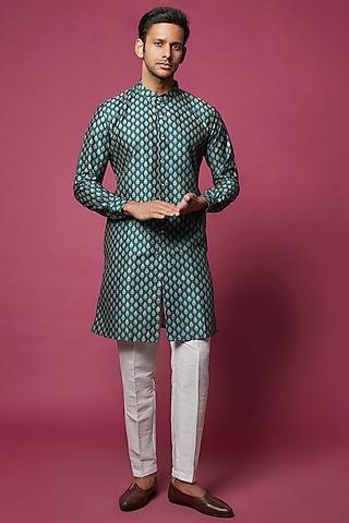 teal blue cotton silk printed kurta set