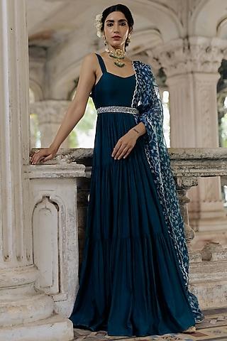 teal blue crepe layered anarkali with dupatta