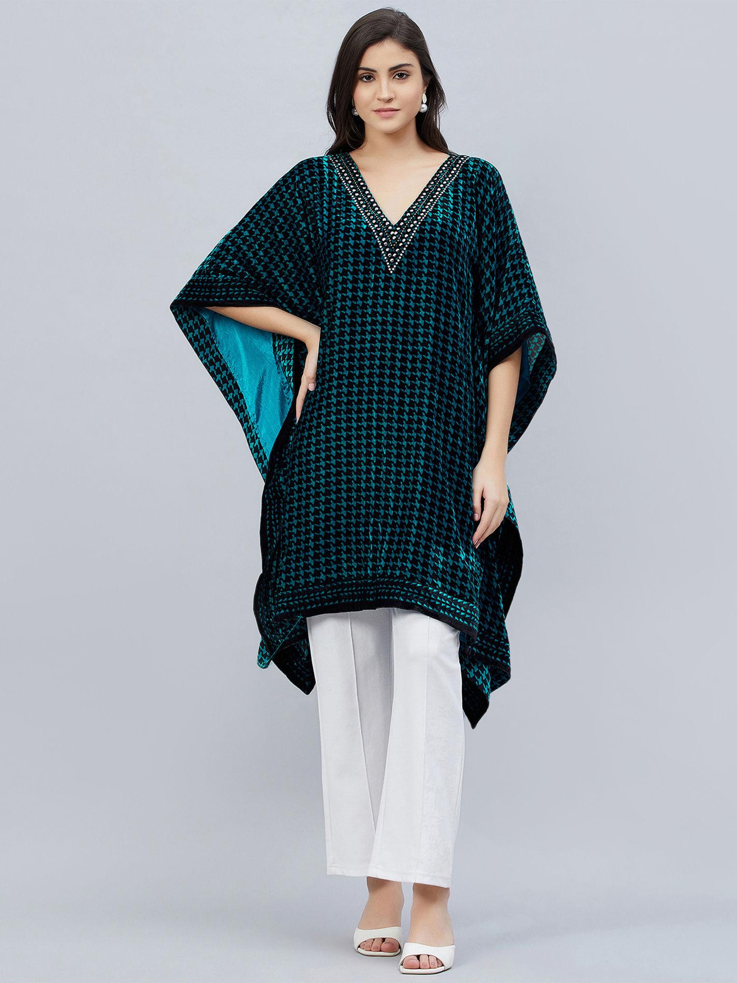 teal blue crystal embellished houndstooth tunic