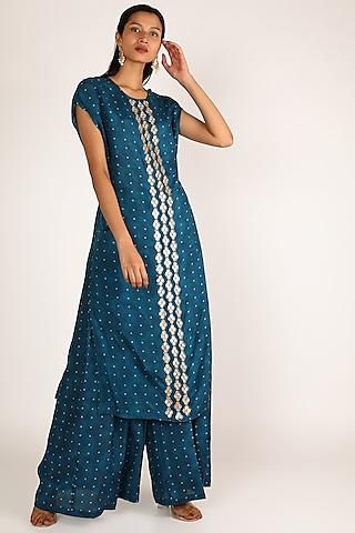 teal blue embellished printed kurta set