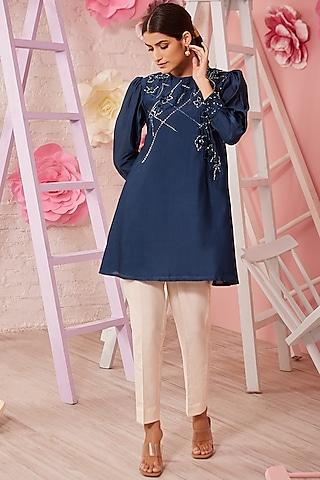 teal blue embroidered a-line tunic set