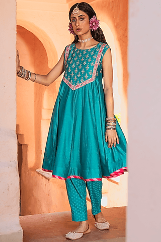 teal blue embroidered anarkali set