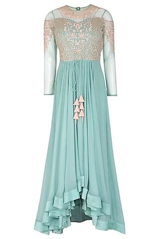 teal blue embroidered anarkali set