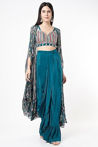 teal blue embroidered cape set