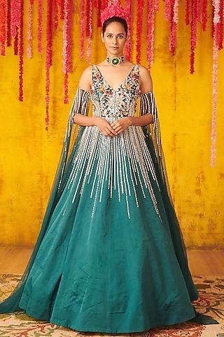 teal blue embroidered gown