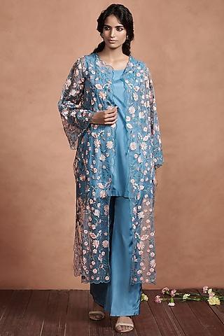 teal blue embroidered kurta set