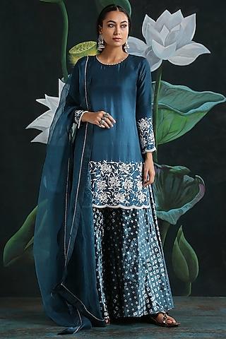 teal blue embroidered kurta set