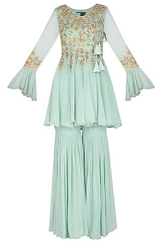 teal blue embroidered short anarkali with gharara pants