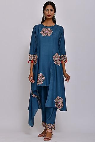 teal blue embroidered tunic set