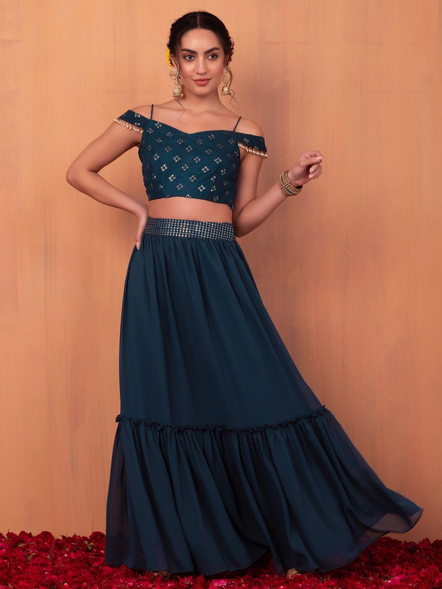 teal blue embroidered waist tiered lehenga skirt