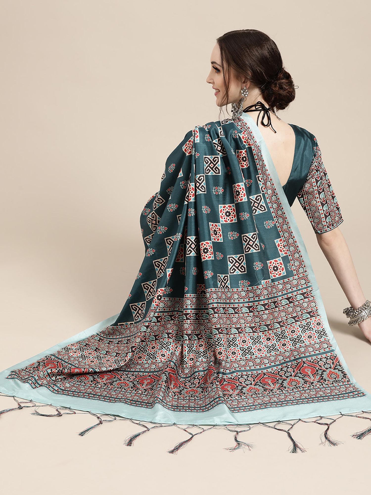 teal blue festive wear satin silk printed saree with unstitched blouse with unstitched