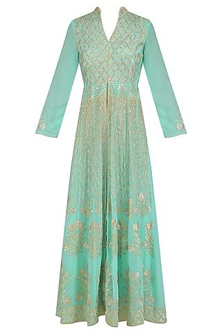 teal blue floral embroidered anarkali and pants set