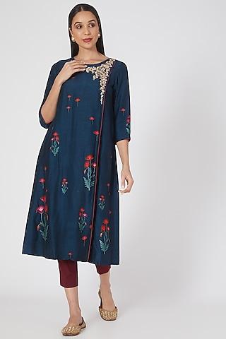 teal blue floral printed kurta set