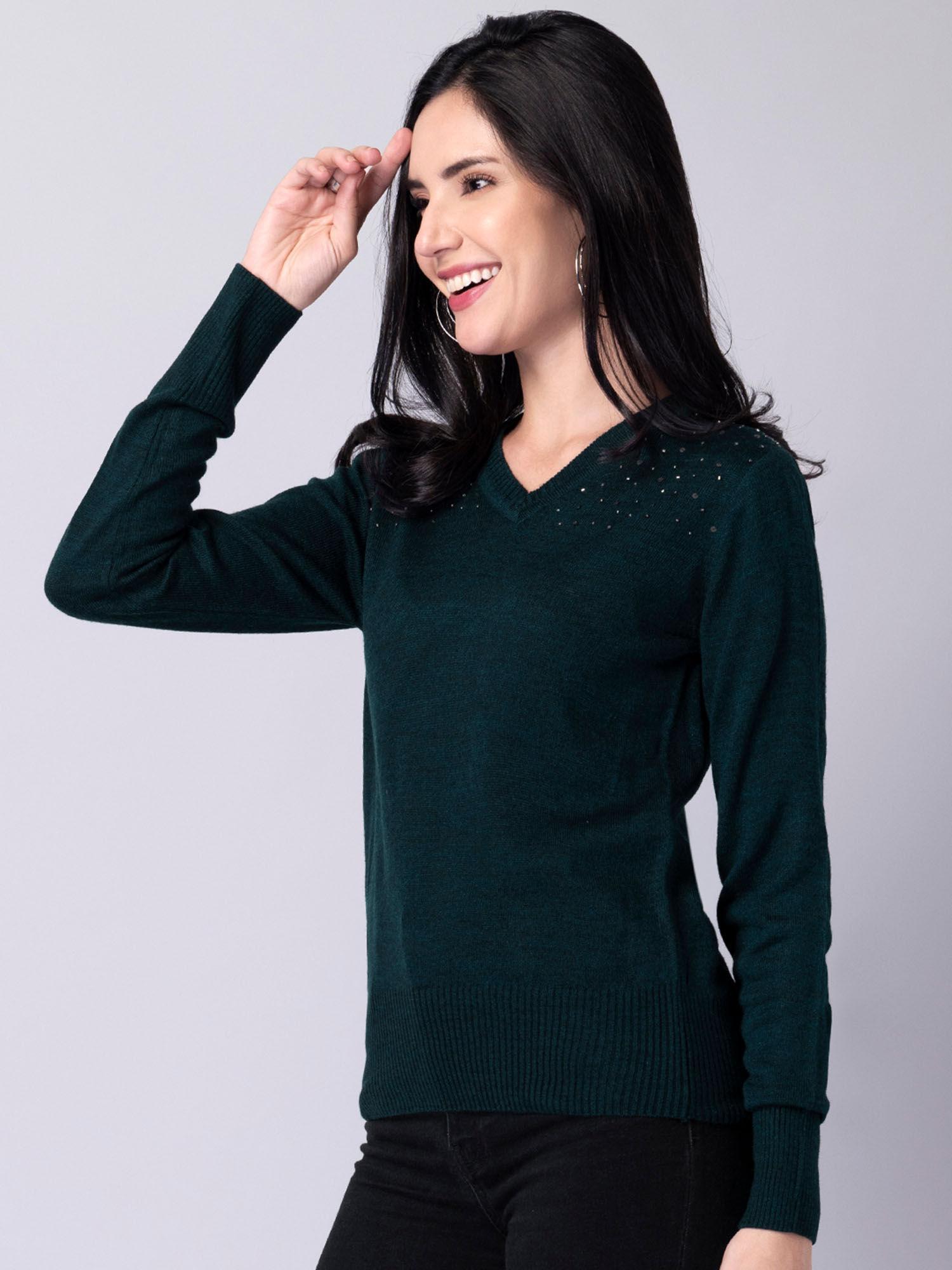 teal blue full sleeve embellished sweater