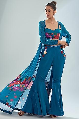 teal blue georgette & crepe floral printed cape set