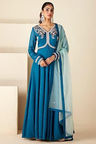 teal blue georgette crepe & net hand embroidered anarkali set